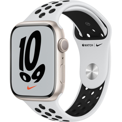 Apple Watch Series 7 Nike/GPS 45 mm Caja de Aluminio en Plata/Correa Deportiva Nike Platino Negro